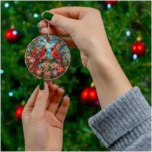 Colorful Mandala Christmas Ceramic Ornament with Stained Glass Printed Cardinals Decoration Gift