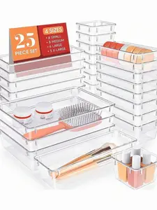 Clear Plastic Drawer Organizer Set - 4 Sizes Desk Divider Storage Bins for Makeup, Jewelry, Gadgets in Bedroom, Bathroom, Office