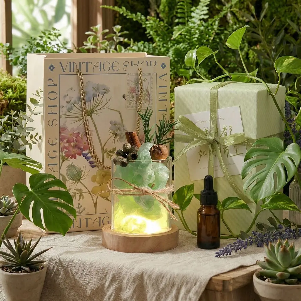 Aromatherapy Diffuser Stone Gift Set | Candleless Essential Oil Fragrance | Night Light Gift Bag