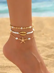 Women's Starfish Shell Conch Pearl Anklet Bracelet, Multi-Layer Fashion Beach Jewelry, Casual Summer Foot Accessory
