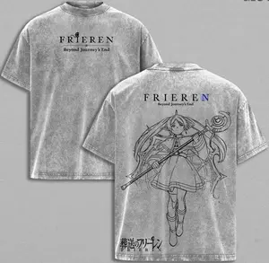 Frieren Tee Washed – Frieren Beyond Journey’s End Vintage Washed Heavy Cotton Oversized Anime Manga Hoodie T-Shirt, Double Printed Retro Unisex Streetwear Graphic Top, Fantasy Healing Journey Edition, Japanese Anime Merch