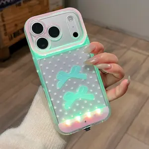 Sound Control Glowing Bow Phone Case, Star Cutout Cartoon Design, Couple Style, Gift for Girls, Fits iPhone X/XR/XS MAX/11/12/13/14/15/16/17 Pro/Plus/Pro Max