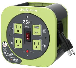 Link2Home Cord Reel 25' Extension Cord Power Outlet & USB