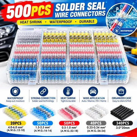 500PCS Solder Seal Wire Connectors - Waterproof Heat Shrink Butt Connectors with Dual-Wall Hold, Hot Melt Adhesive, No Soldering Required, Organized Storage for Automotive Wiring Repair