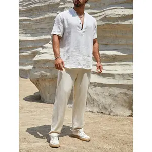 Manfinity Loose Fit Men's Solid White Half Button Short Sleeve Casual Shirt for Summer Vacation Cotton Dress Fabric Menswear Hem Hem Wetsuit
