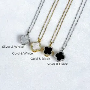 Spinner Clover Necklace | Stainless Steel with Cubic Zirconia | Mother of Pearl Pendant Gift for Women | Silver White Color