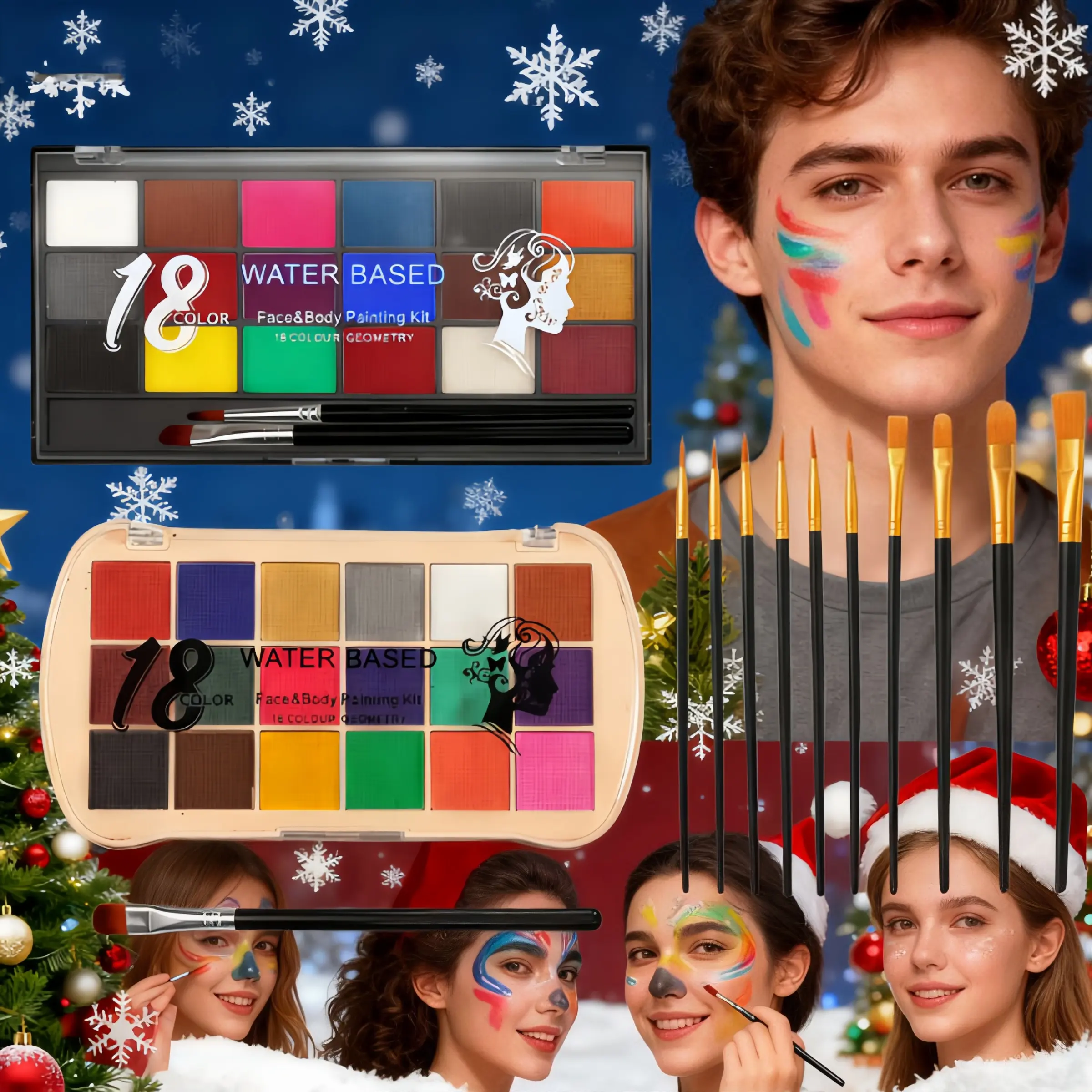 Christmas 36 Color Water-Soluble Face Paint Set with 13 Brushes, Vibrant Colors, Easy to Apply and Wash, Perfect for DIY Body Art