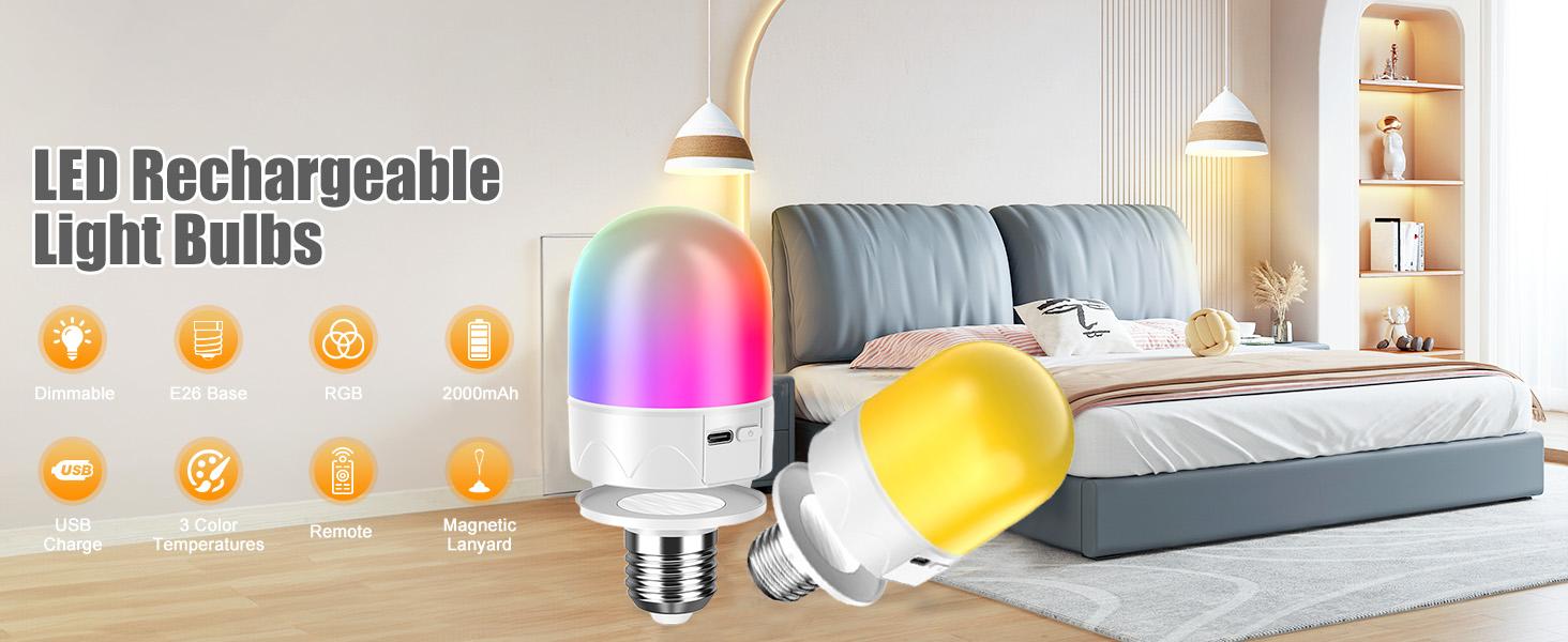 Rechargeable Emergency Light Bulbs with Remote, Magnetic Battery Powered E26 LED Bulb with Timer for Lamps/Sconces/Outdoor Camping, 3 Color Temperatures & 12 RGB Colors, Non-Hardwired Rechargeable Emergency Light Bulbs with Remote, Magnetic Battery Powered E26 LED Bulb with Timer for Lamps/Sconces/Outdoor Camping, 3 Color Temperatures & 12 RGB Colors, Non-Hardwired