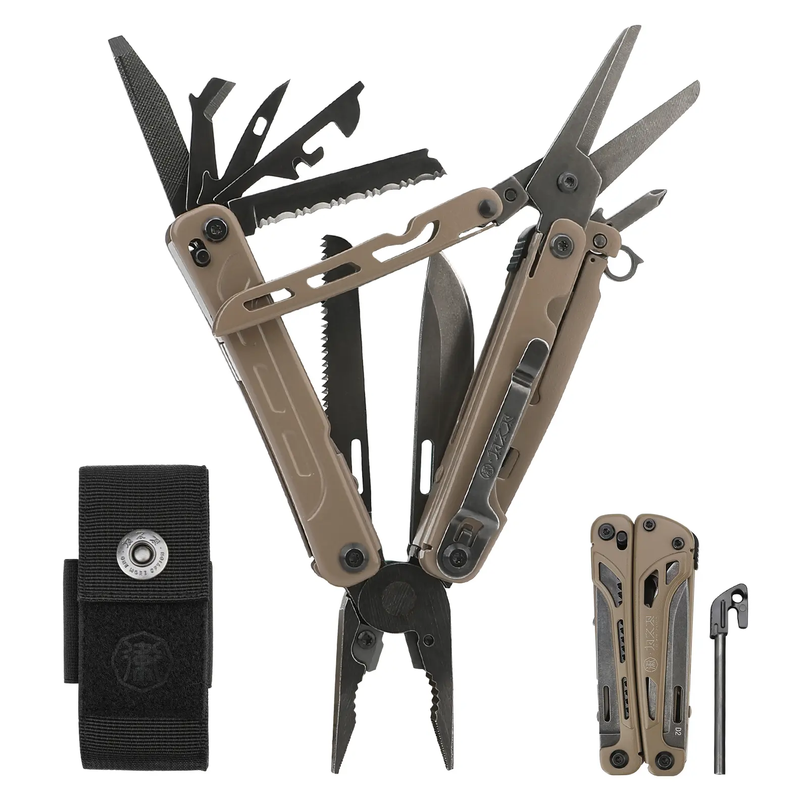 Xhandle MT-12 21-in-1 Multitool – D2 Steel Folding Knife, Desert Tan Pliers, Black Stonewashed Finish, Large Folding Scissors for Camping, Home Repair & EDC