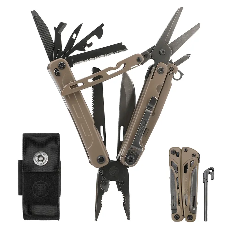 Xhandle MT-12 21-in-1 Everyday Carry Blade Multitool - D2 Steel Folding Knife, Desert Tan Pliers, Black Stonewashed Finish, Large Minimalist Scissors, Rust-Resistant Nylon Tools for Outdoor Camping Equipment, Home Fix Solutions, DIY Gadget Tool