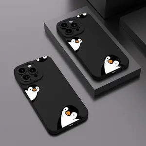 Adorable Penguin Probe Pattern Mobile Phone Case Simple and Low-Key Luxury Black Full Body Protection Shockproof and Drop-Proof TPU Soft Rubber Case Suitable for iPhone16/15/14/13/12/11plus Pro Max Boys and Girls