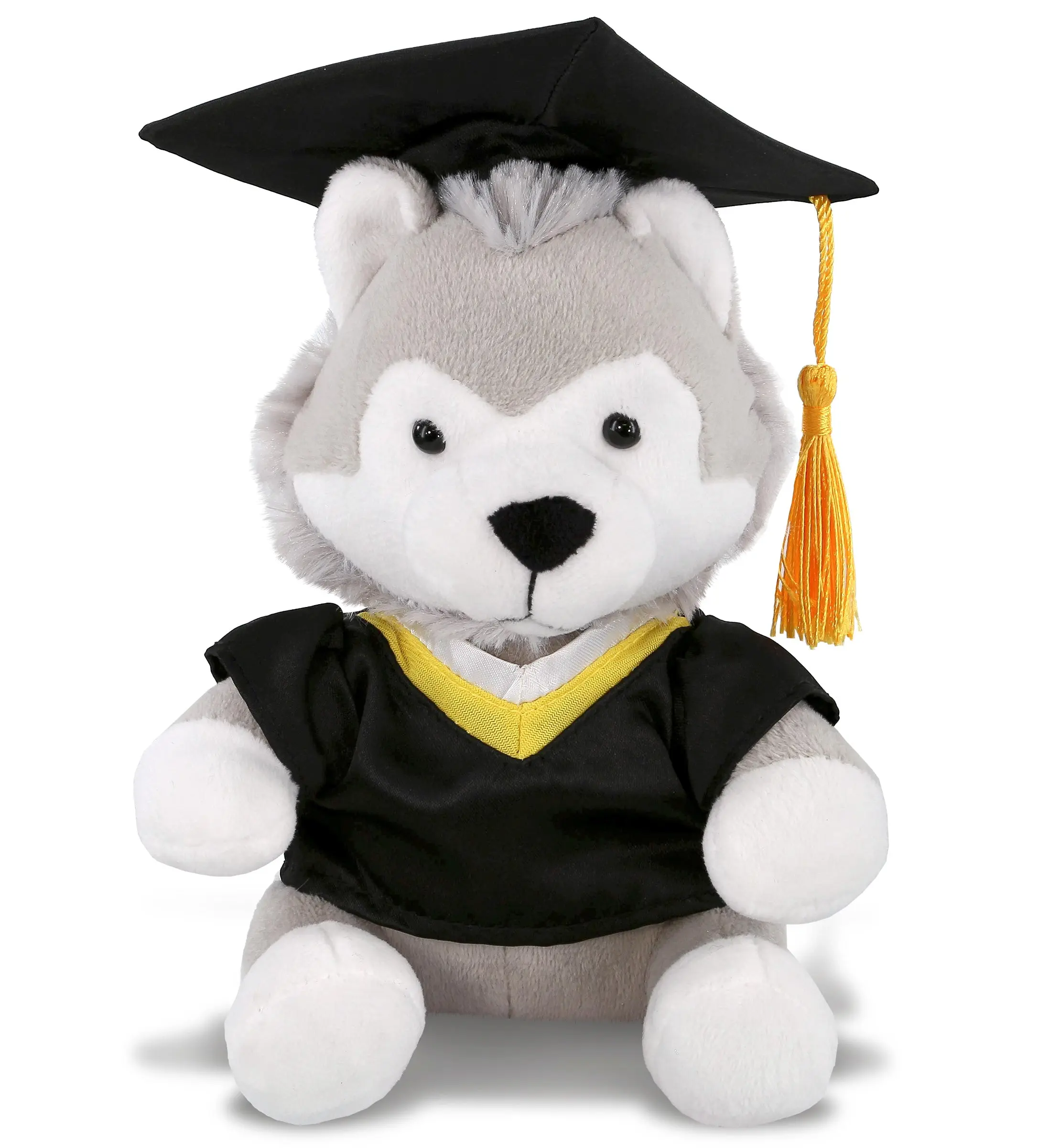 DOLLIBU 6" Polyester Huggable Collectible Cute Stuffed Animal Wolf - Adorable Design, Soft, 5.5lx4wx6h In, College Collectible, Graduation Attire Complement, Removable Black Toga, Yellow Tassel