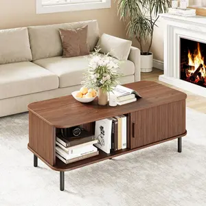 ONBRILL Mid Century Modern Coffee Table With Sliding Tambour Door, Fluted Accent Center Table With Storage, Living Room Furniture
