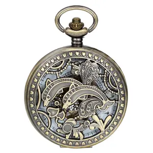 OIDEA Vintage Copper Dolphin Hollow Carved Lid Manual Wind Mechanical Pocket Watch Retro Animal Engraved