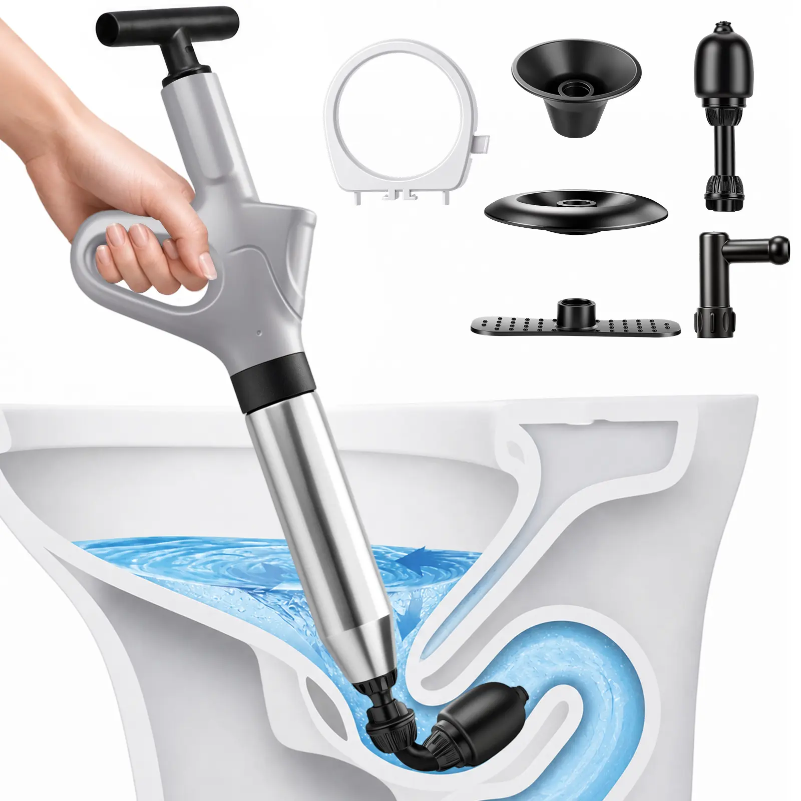 WGCTEK Heavy-Duty High-Pressure Air Drain Blaster Toilet Plunger with Real-Time Functionality, Toilet Auger for Bathroom Plumbing Clogs