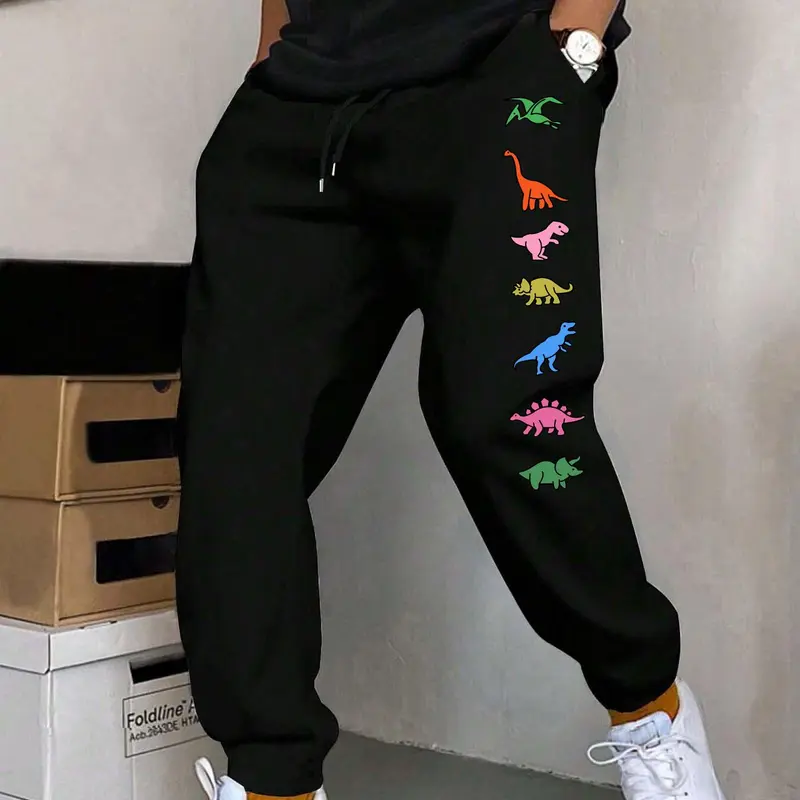 Men's Dinosaur Print Pocket Drawstring Waist Sweatpants, Adjustable Drawstring Waist, Summer Outfits, Regular Fit Casual Soft Streetwear Jogger Pants for Outdoor Daily Wear