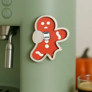 1pc Christmas Cute Style Wooden Gingerbread Man Magnet, Coffee Theme Colorful Print, Indoor Fridge Window Fireplace Shelf Decor