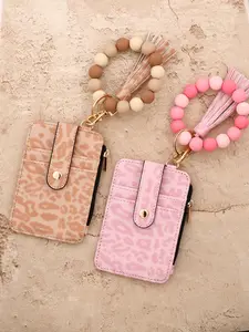 Silicone Bracelet Leopard Print Card Holder, Silicone Bead Keychain, Leather Card Case, Women's Wallet, Mother's Day Gift, Girl ID Bag, Travel Card Holder, Trifold Card Holder