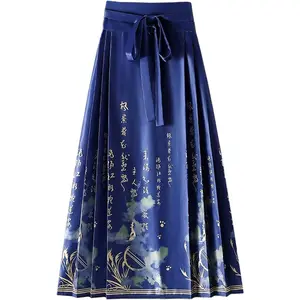 Women Horse Face Skirt Seft Tie Print Elegant Vintage Long Swing Maxi Pleated Skirts Chinese Traditional Hanfu Mamianqun