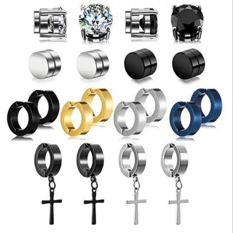 Magnetic Non-Pierced Clip Earrings Set, Earrings Hoops, Stainless Steel Zirconia, Unisex Fashion Jewelry Accessories, Trendy Ear Studs for Men & Women