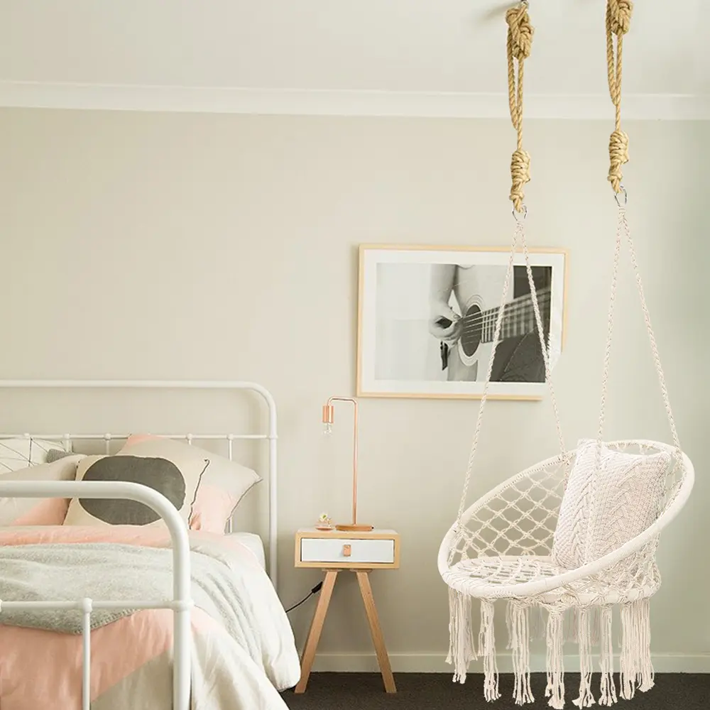 Chair Macrame Swing Chair Handmade Knitted Hanging Cotton Rope Chair for Indoor/Outdoor Home Patio Deck Yard Garden Reading Leisure