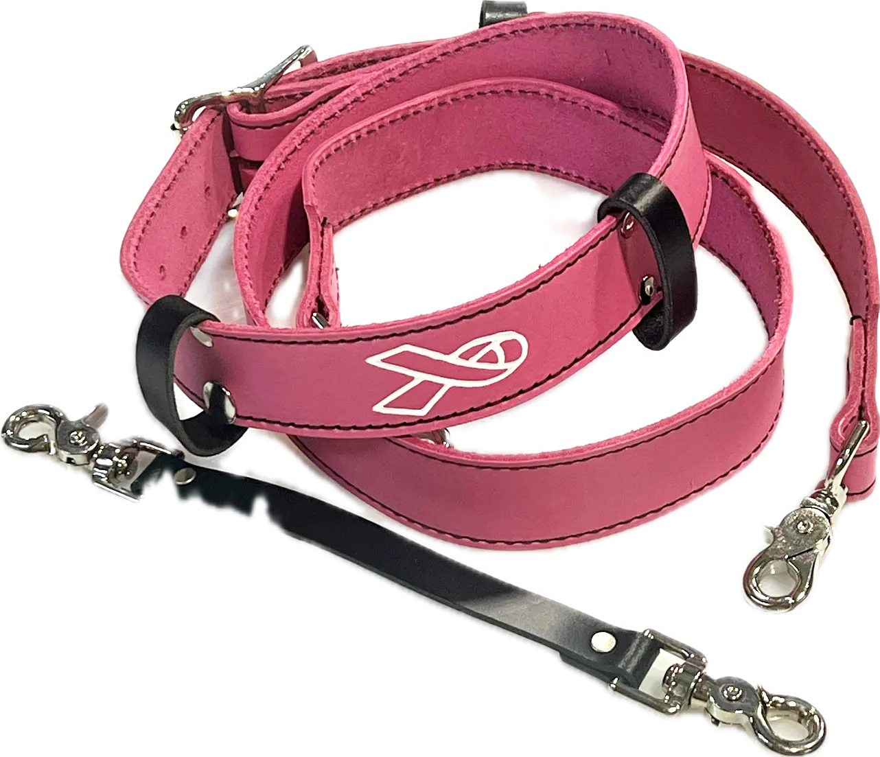 Fully Involved Leatherworks Black Leather Radio Strap with Anti-Sway Strap - Breast Cancer Radio Strap Combo