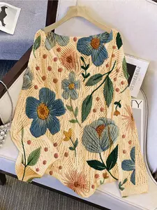 Women's Floral Leaf Polka Dot V-Neck Sweater, Chic Elegant Womenswear Casual Long Sleeve Knitwear Top, Breathable Summer Fall Clothing, Hollow Out Design