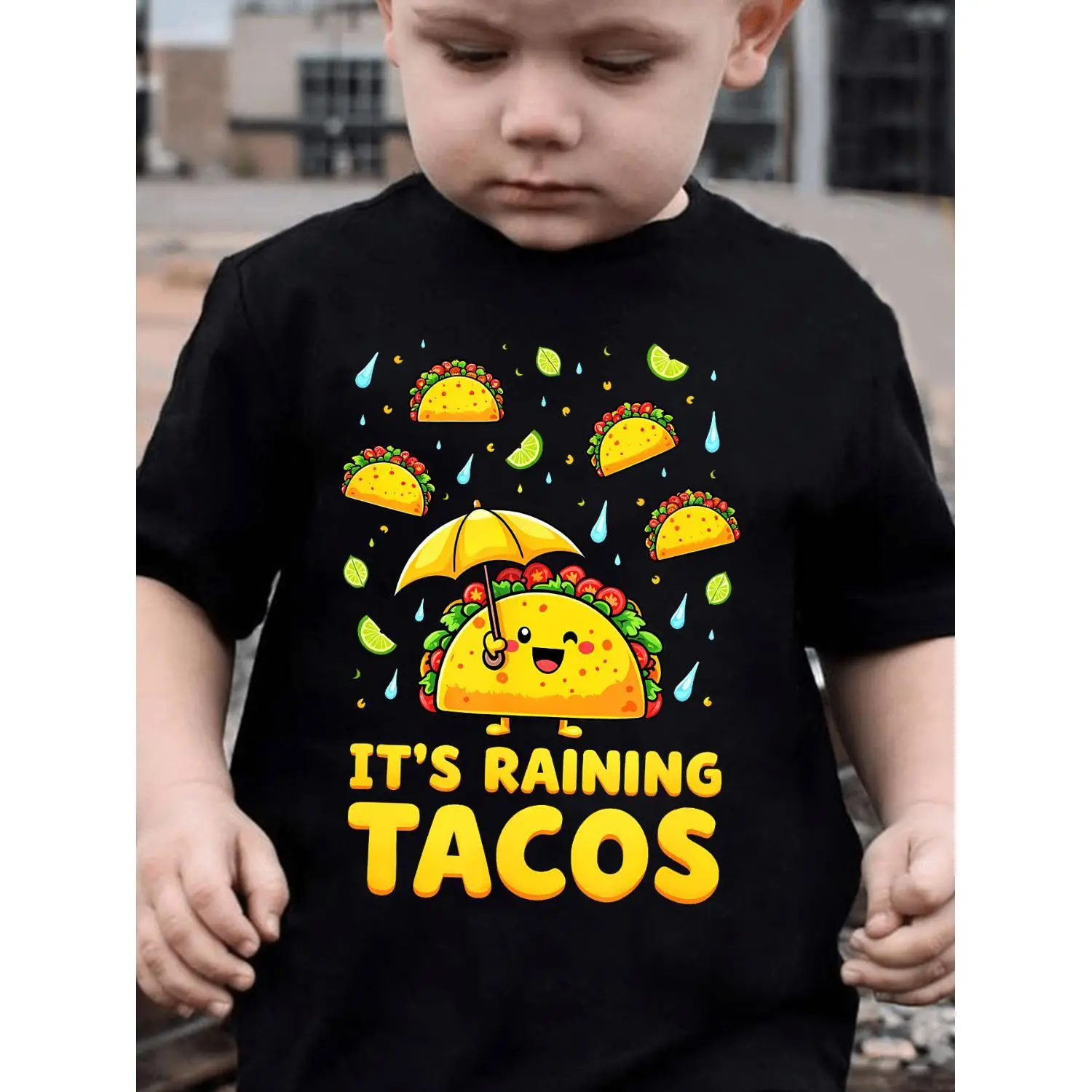 Summer Fashion Boys' Short Sleeve T-Shirt with "It's Raining Tacos" Letter Print Casual Outdoor Top