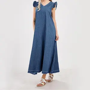 UTCOCO Women's Summer V Neck Long Denim Dress Casual Loose Ruffle Sleeveless Dress Minimalist V neck Womenswear sundress