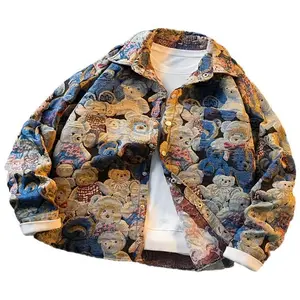 Men'S Casual Vintage Teddy Bear Print Shirt Jacket, Polyester 100%, Regular Fit,  Menswear Coats Stretch Tops Long Sleeve Tights Multicolor Fabric