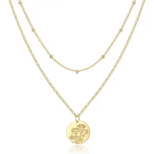 Birth Flower Necklace,14K Gold Plated Layered Necklaces for Women, Birth Month Flower Coin Pendant Necklace Set, Satellite Chain, Birthday Gifts
