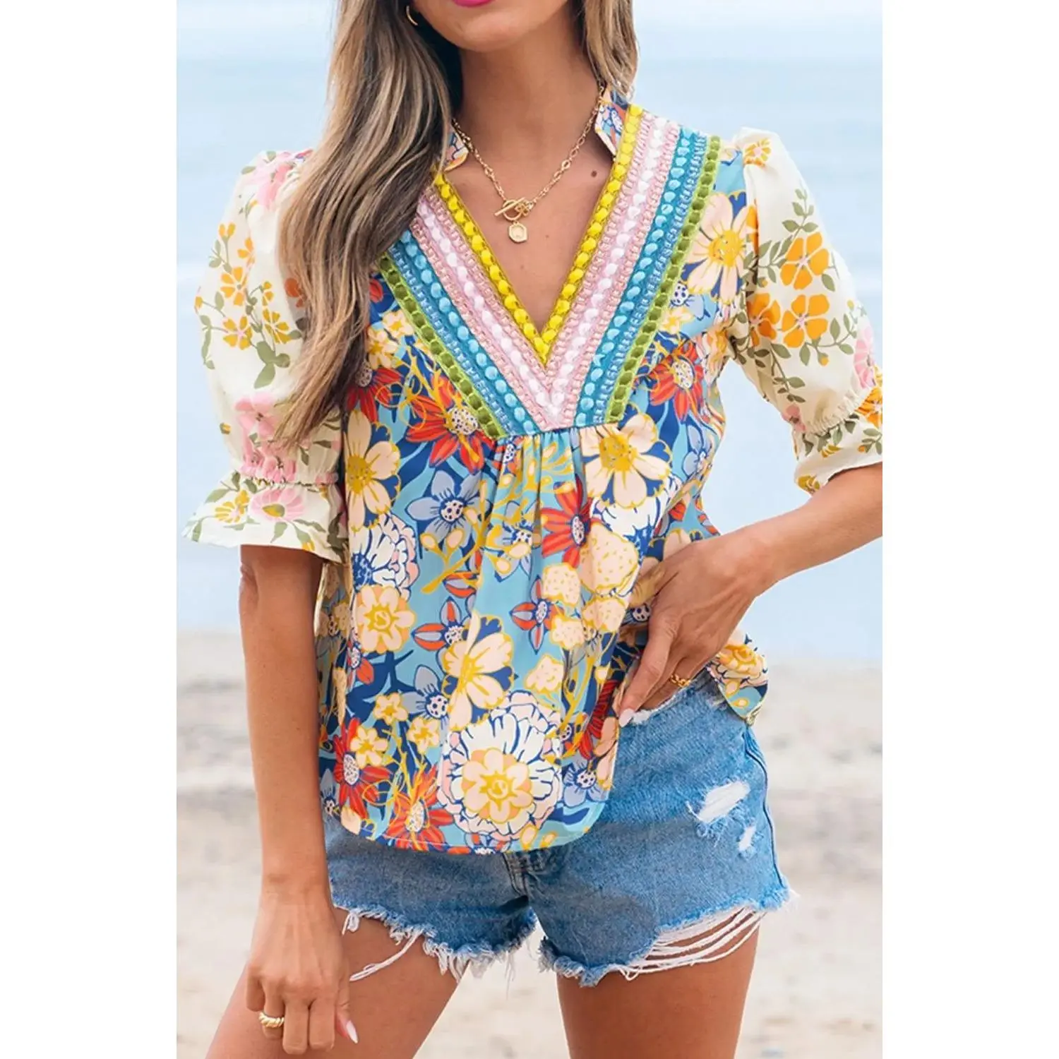 Multicolour Crochet V Neck Half Sleeve Boho Floral Blouse
