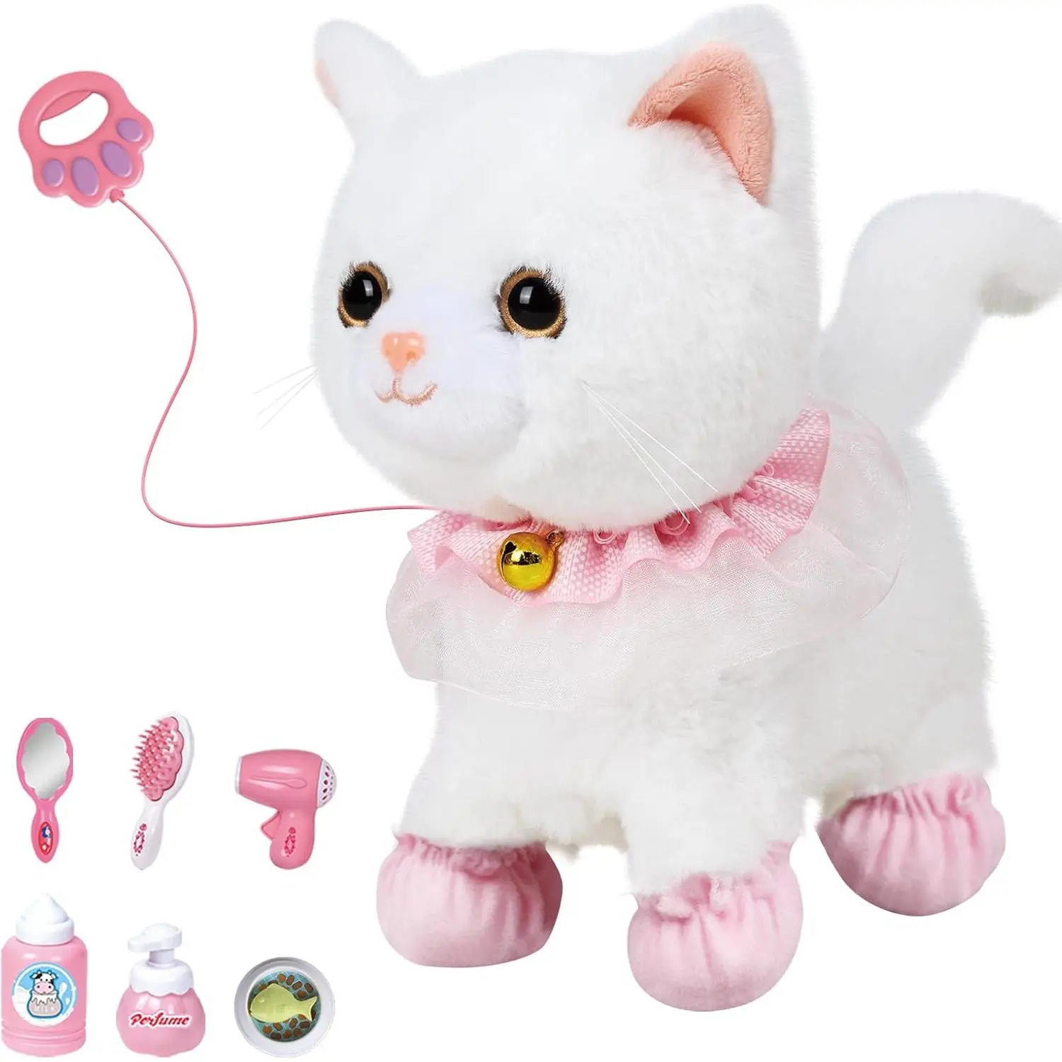 Interactive Electronic Plush  Walking and Barking Robot Cat Plush Cat Remote Control Kitten for  (White Cat)