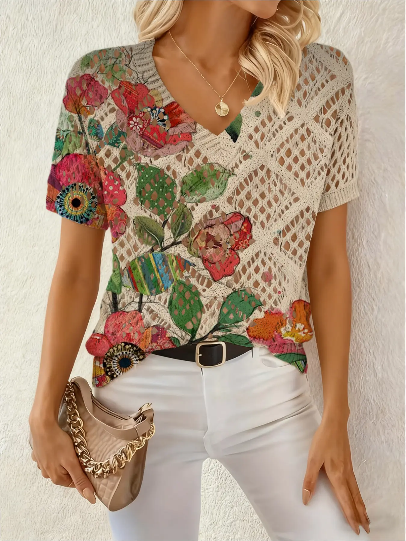 Spring and summer, V-neck diamond hollow loose short-sleeved blouse, color floral print short-sleeved women's knitted print blouse, holiday wind, casual commuting, women's vest blouse, Bohemian holiday wind seaside blouse, Fitted, Tops, Boho Casual Top