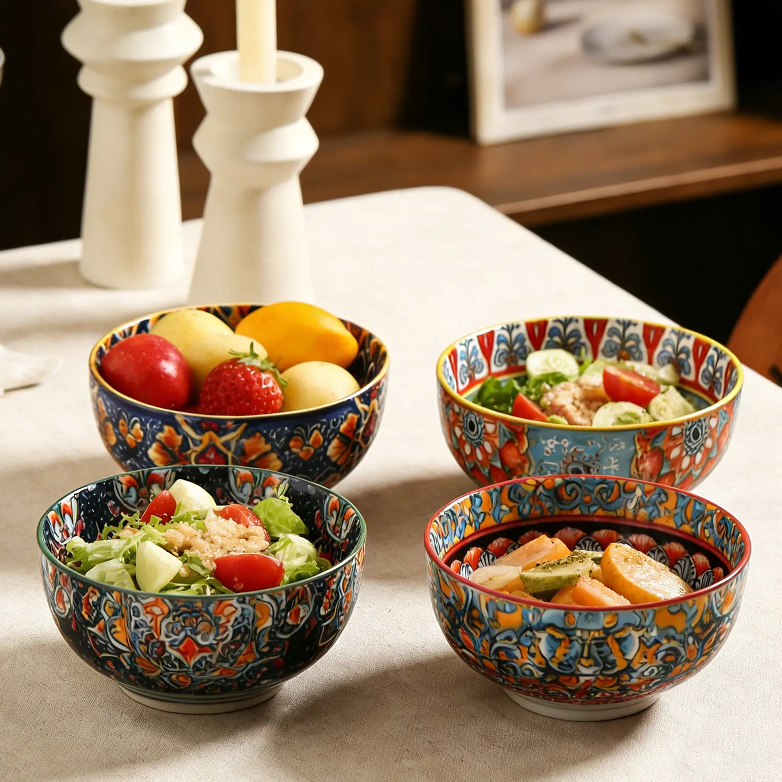 Bohemian Style Ceramic Bowl, 6 Inch Soup Bowl, Cereal Fruit Snack Bowl, Ceramic Food Bowl, Microwave Safe, Four Styles Available, Home Daily Use, Ceramic Salad Bowls