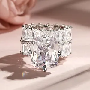 Jeulia Cushion Cut Three Sided Pave Sterling Silver Eternity Ring Cubic Zirconia Art Deco Halo Wedding Engagement Anniversary Rings Set Finejewelry with giftbox