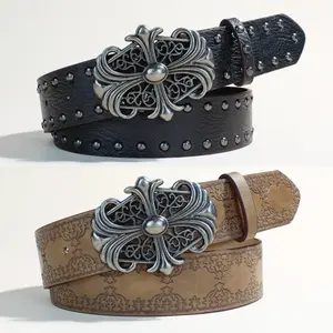 Retro Western style cross buckle belt, street fashion y2k Gothic style belt, studded embossed leather belt, suitable for both men and women, Bohemian denim style fashion accessory