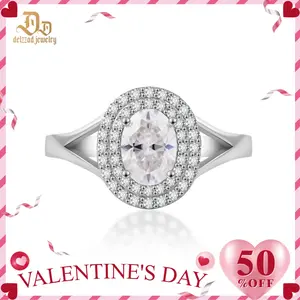 Delzzad 1ct Oval Synthetic Moissanite Double Halo Ring In 925 Sterling Silver Ring Band Jewelry Perfect Birthday Engagement Wedding Anniversary Christmas Gift for Women