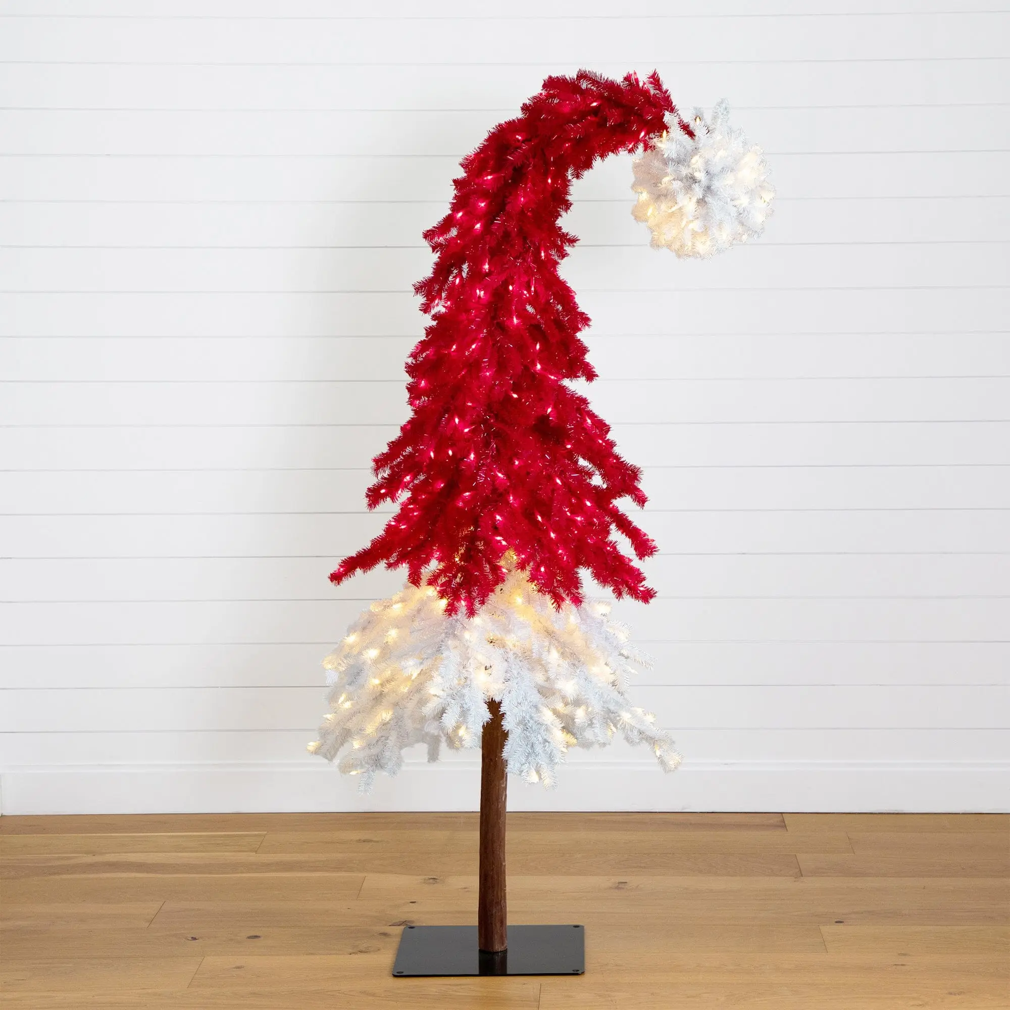 9ft Red Metal Santa's Hat Artificial Tree Christmas Decor - 500 LED Lights, 1272 Bendable Branches, Customizable Home Supplies for Holiday Festive Displays, Kid Room Lighting