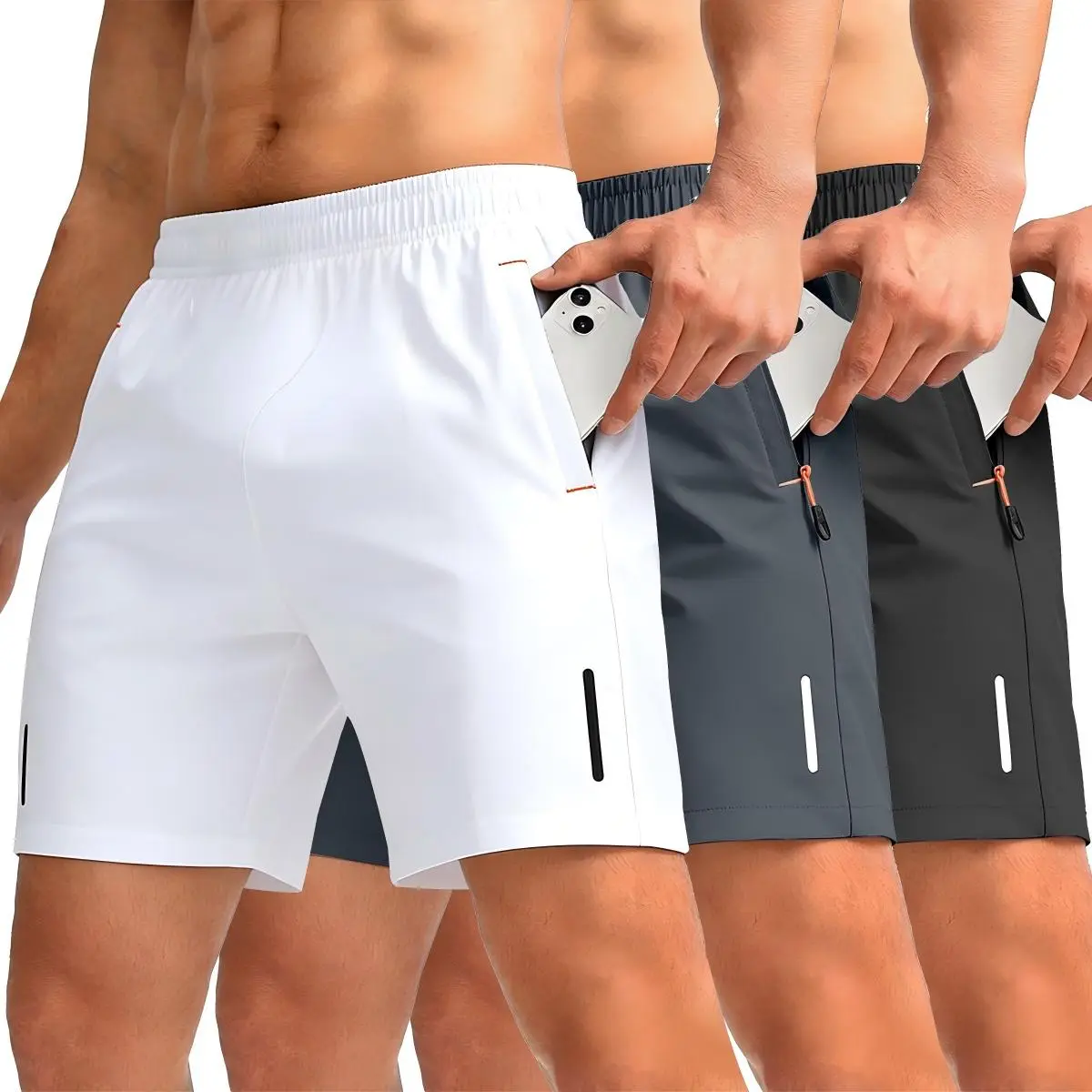 3-Pack casual minimalist style comfortable shorts for men, designed with zipper pockets and inner drawstring, suitable for outdoor fitness wear in summer.Quick Drying Comfort Shorts Men