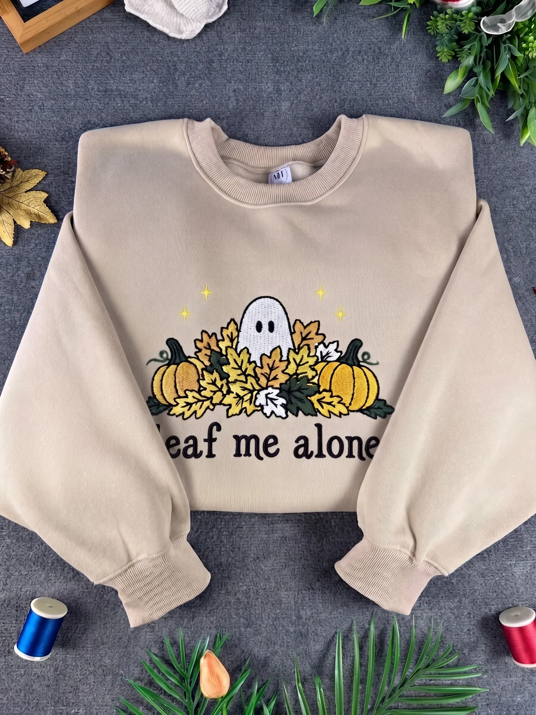 Women's Casual Embroidered Spooky "Leaf Me Alone" Ghost Long Sleeve Round Neck Soft Sweater Garment, Textured Fabric, Relaxed Fit, Autumn Outfits