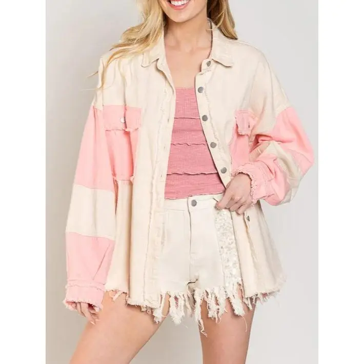 Women's Trendy Light Color-Block Denim Shirt Jacket - Vintage Washed, Raw Hem, Loose Fit, Turn-Down Collar, Single-Breasted Closure, Casual Distressed, Pockets for Everyday Outfits Tops, Trend, Long Sleeve, Fabric