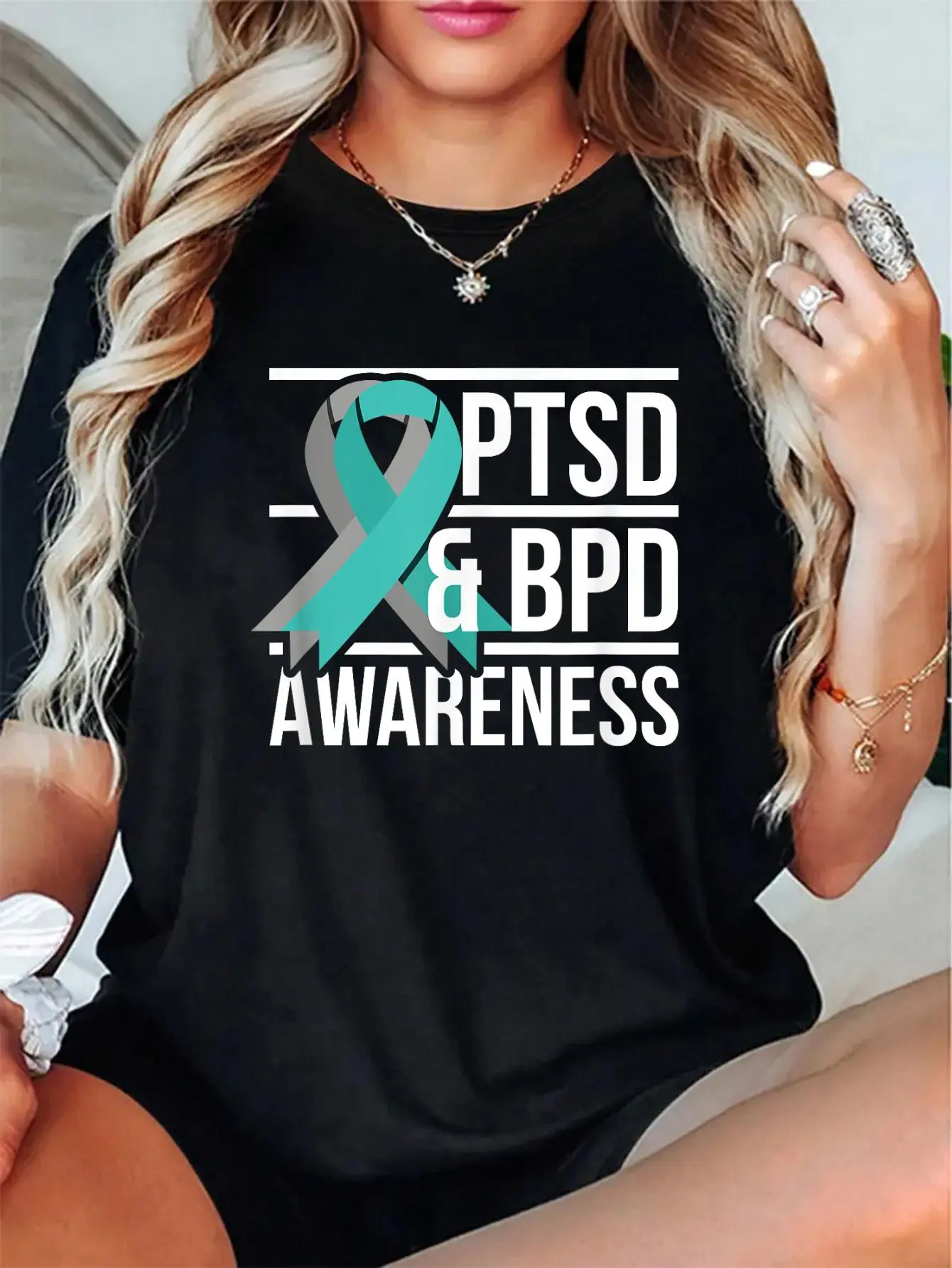 Unisex 100% Cotton PTSD & BPD Awareness Teal and Gray Ribbon T-Shirt - Vintage Graphic Tee, Relaxed Fit, Gift Idea for Her