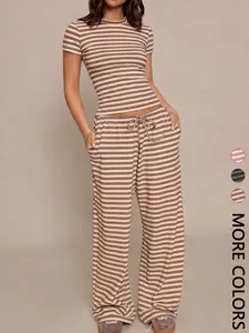 2 Piece Women's Summer Striped Ribbed Loungewear Set, Slim Fit Crop Top & Wide Leg Pants Casual Outfit