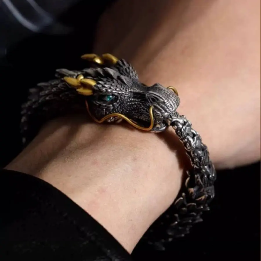 Men's Vintage Dragon Scale Bracelet - Stainless Steel Adjustable Cuff with a Retro Look, Tarnish-Resistant Mythical Jewelry for Fans of Eastern Mythology, Yes, Casual Wear, Alloy, Bangle, Tarnish-Free, Open Cuff, Unisex, Versatile For All Occasions, Drago