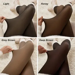 Fleece Lined Fake Sheer Tights Warm Slimming Winter Leggings in Light Honey Grey Brown Deep Brown Soft Fleece Lining Stretchy Comfortable Fit Fit Grey Pants Thermal Womenswear Stockings Thick Thick Thin Style