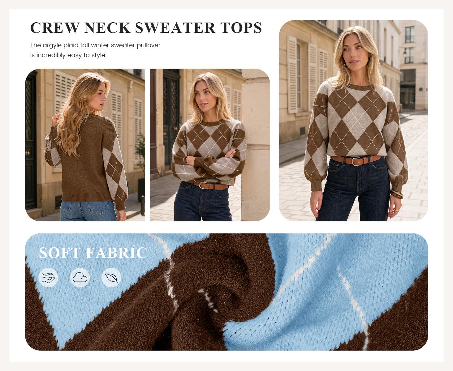 Saodimallsu Womens Checkered Argyle Sweater Color Block Crew Neck Long Sleeve Loose Preppy Knit Pullover Tops Saodimallsu Womens Checkered Argyle Sweater Color Block Crew Neck Long Sleeve Loose Preppy Knit Pullover Tops