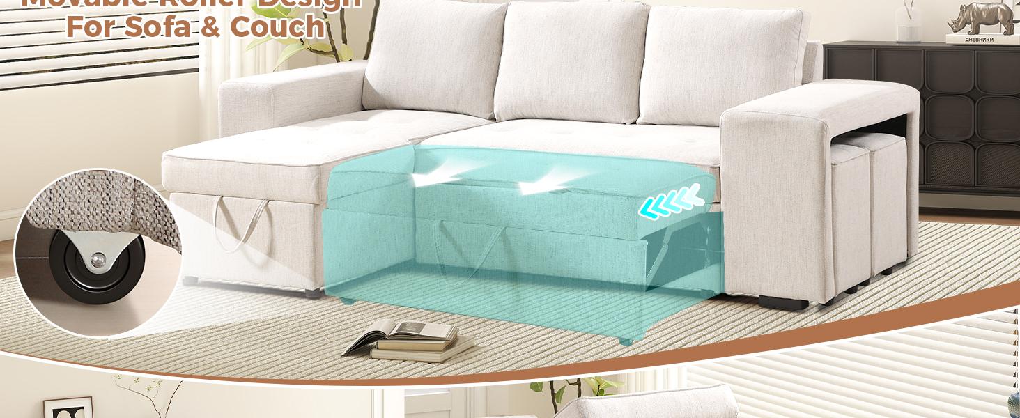 [SpringStatements] EBELLO Chenille Sleeper Sofa Couch with Pullout Bed, 4 in 1 L Shaped Modular Sectional Sofa with Storage Ottoman for Living Room