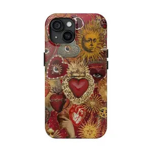 Vintage Sacred Heart Mosaic Sun Illustration Catholic Art Aesthetic Drop Protection Tough Phone Case Shockproof Heavy Duty Cover for iPhone 11 12 13 14 15 16 17 Pro Max Plus