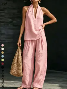 Two-piece Women's Fashion Casual Minimalist Wraparound V-Neck Sleeveless Tank Top + Wide Leg Pants Set, Perfect for Summer, Island Getaways, Weekend Exhibition Visits, Light Business Commuting, and Ancient City Strolls